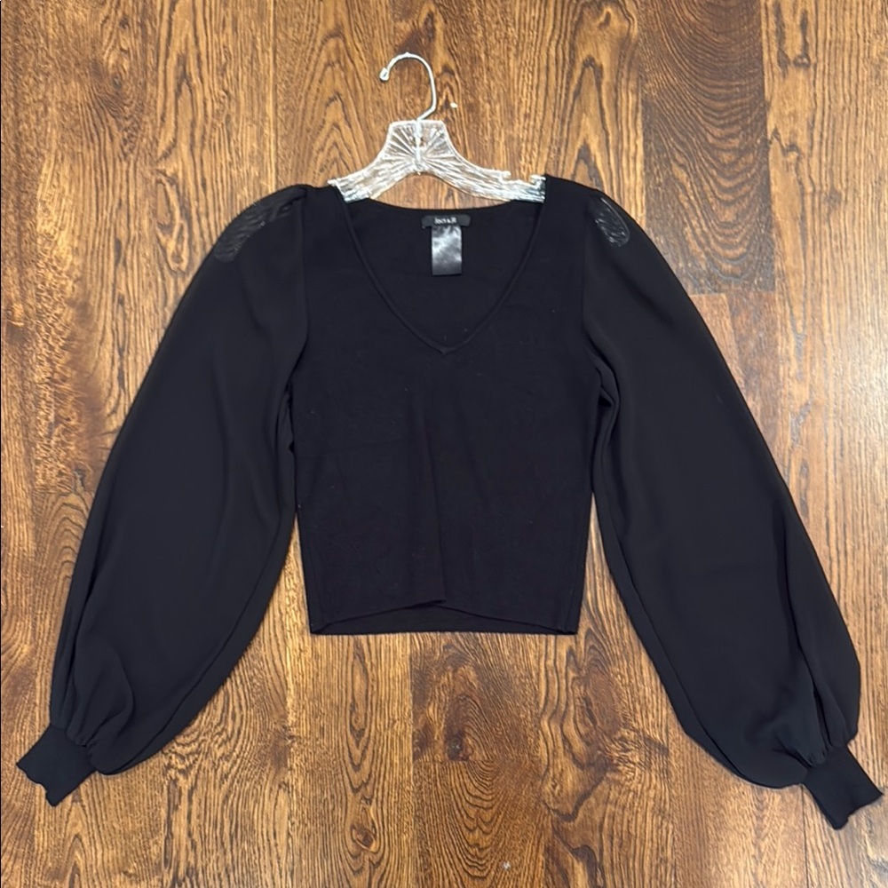 Black Fitted Crop Blouse with Long Puff Sleeves